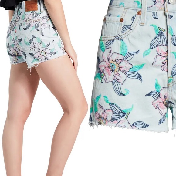501 Levi High Rise Denim Shorts with bright Floral Embroidery - Picture 2 of 4